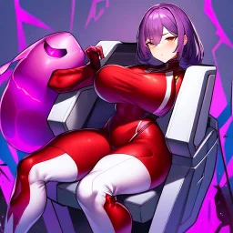 White woman with long purple hair, a good, athletic body, nice legs, and a large bust, dressed in a red latex mini suit and white boots, sitting in an alien-like technological chair, with a destroyed spaceship in the background.