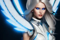 A beautiful portrait of a cute smiling cyber woman with wings, long blond platinum hair, luminous blue eyes, high key lighting, volumetric light high details with blue and white stripes white luminous celtic paterns, beam starry background