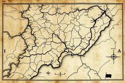 an ancient printed road map of a fictional place that was black and white and uses a Cree syllabic font, but has since been stained and weathered