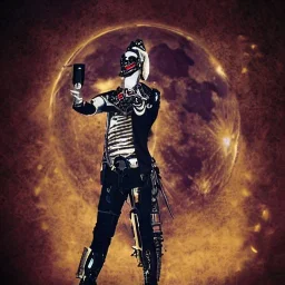 cyborg one man band, full moon background center large, steampunk style, horizontal image, text "Renaissance", 3d, hd