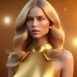 beautiful cosmic golden woman, long hair, nice smiling, magic glamour make up, delicate colors, beautiful glamour galactic golden dress, ultra sharp focus, 8k, unreal engine 5, extremely sharp detail, light effect, soft light atmosphere of a spaceship, smooth, full of details, face in front, complete vision of body