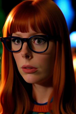 girl with ginger hair in a fringe with glasses and a septum piercing watching austin powers on tv