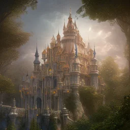 The palace of magic king, huge structure, panoramic view, zoomed out view of the exterior, mysterious, soft lighting, unreal engine 5 volumetric lighting, intricate details, realistic style, 8k resolution