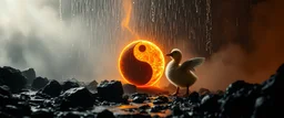 yin yang, earth elementals dancing under lava shower, depth of field, volume light, fog, a fluffy duckling quickling twister