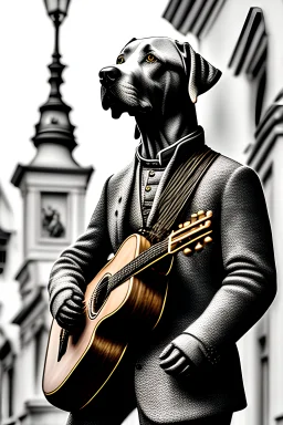 One single mature labrador, historic clothes, playing guitar in the street , Vienna, friendly, model style, hyper realistic, extremely accurate, delicate, extremely detailed, Graphic novel style, wide-angle, open aperture, superfine pencil