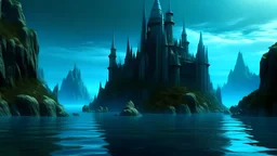 paysages bleus de l'Atlantide, ancien continent englouti, avec ses tours, ses châteaux, ses paysages magnifiques