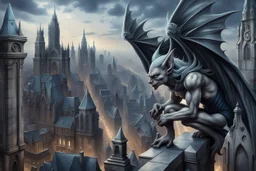 captivating and highly detailed fantasy, gothic illustration featuring a grayish Gargoyle with curly bluish hair crouching above the city, leaning forward to observe the people below. Style of artist Anne Stokes, Gothic, Dark Fantasy, photo, 3d rendering, cinematic