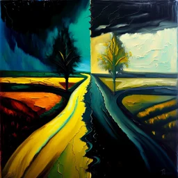 two roads diverged , art, oil colors