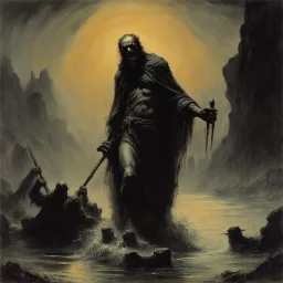 moribund blasphemous heretics the ferryman is guiding you the way tonight, by Frank Frazetta and Gustav Dore, brooding horror art, warm colors, unsettling, grand, dramatic, Charon, river Styx, album cover