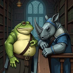 close a big and fat anthropomorphic frog hybrid in human clothes talking with a strong anthropomorphic rhinoceros no horn, without horns in blue simple guard clothes, they talking and leaning on a wooden banister, in background a bibliothek with tall book shelves, detailed sci-fi, dark fantasy mood