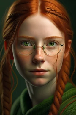 Portrait of a ginger haired girl with braids, crosseyed, small eyes, green eyes, freckles and glasses