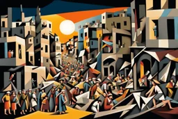 El Guernica de Gaza, edificios bombardeados en ruinas, niños, mujeres y hombres muertos, arte illustriation estilo cubista, calidad ultra, hiperdetallado, 12K