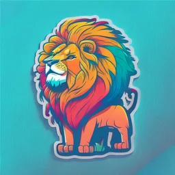 A sticker design in a minimalistic style featuring a caricature lion in vivid colors. The subject is presented alone on a neutral background.