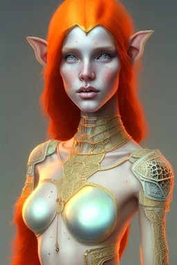 painting of a tall elven young woman with short light orange hair and freckles on the cheak bones and tall body of a topmodel light clothes, full body shot, ultra realistic, concept art, intricate details, eerie, highly detailed, photorealistic, octane render, 8 k, unreal engine. art by artgerm and greg rutkowski and charlie bowater and magali villeneuve and alphonse mucha