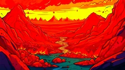 comic style, lava & steel landscape