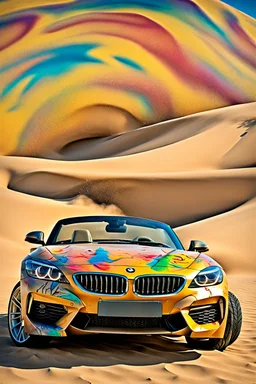 a realistic photo of a 2025 bmw z4,the car is spray painted with graffiti, desert background with sand storm to make the car stand out, colorful and stylish graffiti, 12k highly detailed and realistic , Masterpiece, dramatic product shot