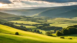 View across the valley in the Yorkshire Dales with beautiful clouds, late afternoon sunshine, stone walls enclosing the fields, gentle hills and valleys, river, calm, peaceful, tranquil, beautiful composition