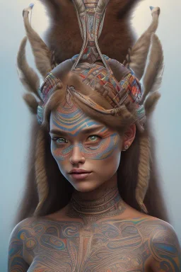  Photorealistic painting Portrait voluptuous female Maori Chief iron maiden rainbow Maori tribal tattoos, bow with arrows, full detail, 8k Neko Erokawa, style of Zootopia