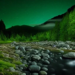 a dense florest, night, green, river, stones, raining, high detailed