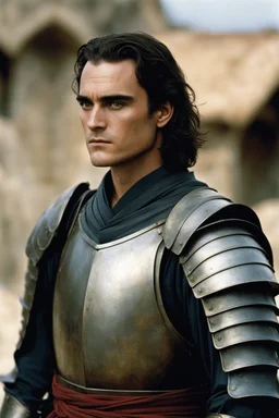 A portrait of Joaquin Phoenix from year 2000, beachy haircut, black hair, in medieval setting, in burnished medieval samurai armor, melancholic and dangerous facial expression