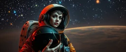 portrait of space gypsy astronaut, sexy one, holding her helmet in lap, goa trance halloween glam rock soul opera, explorer new frontier, meeting with two new races beyond our star system