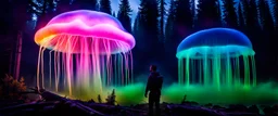 giant bio luminous Rainbow floating high JellyFish, Medium closeup, Epidemiologist yeti inspecting the organism, light floating in a forest, mist, light trails, nighttime, long exposure, Treeline, Alberta, scientist, Dystopian, Hyper detailed, Realistic, Extreme depth of field, bokeh blur, Alberta all-natural, National Geographic, in the style of candid, imperfection, natural lighting, cinematic, Fuji Film, Anamorphic lens, 2040s, --ar 4:5 --w 150 --style raw