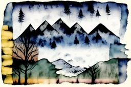 double exposure, merged layers, Covered Mountains in snow cold winter at night, styles of Paul Klee Dee Nickerson and Tim Burton, cute chibi scary monster, melting watercolor and black ink outlines on wet paper, soft, shading strokes, in sunshine, ethereal, otherwordly, cinematic postprocessing, bokeh, dof