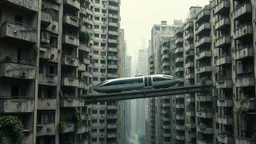 A futuristic elevated train glides through a dense, dystopian cityscape of decaying, interconnected brutalist apartment buildings. The architecture is heavily textured, with weathered concrete facades, numerous balconies, and gaping, empty windows. Vegetation clings to the structures, adding to the sense of neglect and urban decay. The train, sleek and modern, contrasts sharply with its surroundings, appearing as a lifeline or a stark symbol of progress amidst ruin. The image is rendered in a mo