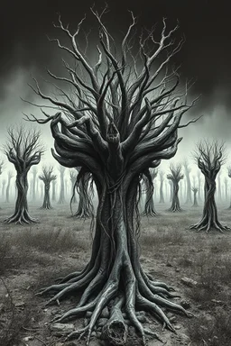 A field of thousands trees of hands , a thin line draw ،front view camera, decayed and rotting with grotesque proportions and imagery. surreal horror, biomechanical design, by hr giger and beksinski , Busch painting style