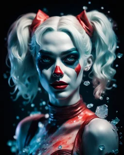 Realistic portrait of Harley Quinn absurdness 3d layered glowing ice portrait, vintage impasto, by Alberto Seveso, Anna Dittmann, Arthur Rackham, intricated pose, dynamic movement, cinematic, deep colors. The overall mood is eerie and futuristic, enhanced by the high contrast