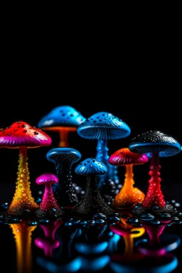 Diseased colourful mushrooms and fungi growing from black oil with a black background in the multiverse