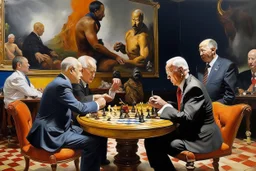 Putin, President Xi Of China And Joe Biden Play Chess With Atomic Bomb Mushroom Cloud,Complex Surgical Instruments Intermixed With A Newborn Boy,Minimalism,Painting By Adrian Ghenie,Rene Magritte,Pablo Picasso,Michelangelo,Salvador Dali,Lucian Freud