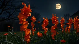 unique orange twisting flowers growing in yard, night, full moon, 8k, high quality, trending art, trending on artstation, sharp focus, studio photo, intricate details, highly detailed, by tim burton