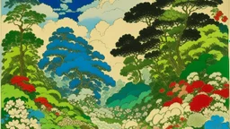 An illustration by Kuniyoshi and Monet of a landscape of blooming flowers and lush vegetation.