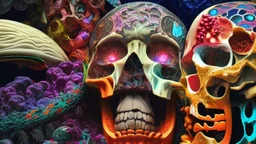 a picture of a dark, comedic, anatomically correct wall of colorful tightly packed skulls of varying sizes and expressions, photo realistic, insanely meticulous, highly detailed, part of a collection of bones on display, 64k, dystopian, vray