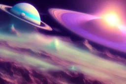 Jupiter, Saturn, blue and green, volumetric light high details psychedelic background