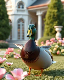 Generate image: Generate image: Generate image: A macro 3D render of a cute, lovely mallard with dark green neck ,made of translucent, glossy,colored jelly material. it is landing in yard of a luxury villa next to flowers ,subsurface scattering and gelatinous texture . High-quality CGI, octane render, 8k resolution, whimsical, adorable, clean composition. long shot ,4:3