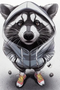 A cheeky raccoon, streetwear, hoody, sneakers,attitude,white background, 2d flat hand Drawing