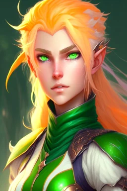 fantasy setting, woman ranger with orange and white hair, pastel green eyes, kind, soft facial traits