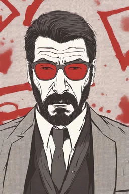 an angry man who looks like Hans Gruber wearing solid red glasses