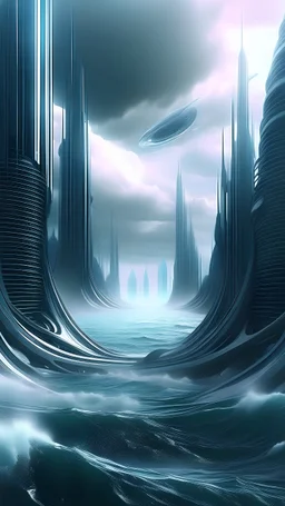 sci fi planet, metropolis, rough ocean, zaha hadid