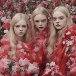 Elle fanning and dakota fanning , as flowers, red shiny plastic coats