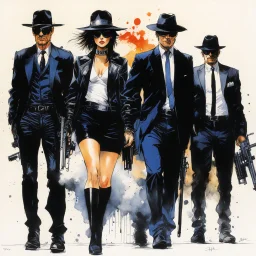 [art by Ralph Steadman] Masamune Shirow style: four agents of criminal minds FBI team, on a scene crime (women and men)