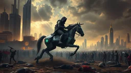 detalied cyberpunk interpretation of Bruegel's "The Triumph of Death", capturing the symbolic "harvest" of humanity. this is terror. A dystopian metropolis under smog sky, where cybernetic soliders reapers are executing physical harvest and many of humans citizens killed army of cyberwarrior androids and robotic, many panicking run away people, many bodies lying on the ground. a cyber-death warrior in black hood with futuristic gun on an mechanical robotic horse, thriller, detailed, cinematic