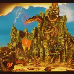  kaiju destroying a castle by walt disney and dali