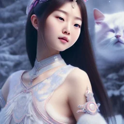 smooth hyper realistic, beautiful smiled Japanese goddess, pale colors, dark cosmos background, cat еye, extremely sharp detail, finely tuned detail, ultra high definition, 8 k, unreal engine 5, ultra sharp focus, accurate sword wings, positive smile, lot of details, fit within portrait, Ambiance winter, perfect composition, perfect hair, perfect hands, finger up gestures