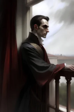 painting of a handsome victorian vampire looking out on a balcony, side view, cloak billowing in the wind, with one hand holding his vest