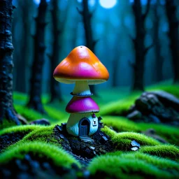 "Close up of a wonderful tiny Mushroom Tower home. Orange and Magenta with bright white, deep black and contrasting tones of gray magenta and violet colors. Illuminated bioluminescent forest. Professional painter, master at composition. small but detailed. broken, blurred background, voluminous lighting"