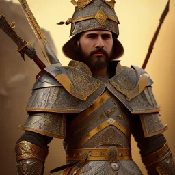 portrait of a warrior with ottoman man themed armour, extremely detailed, UHD, 8k,The close-up camera effect,sharp focus, perfect position,hyperphotorealistic, unreal engine 5, octane render