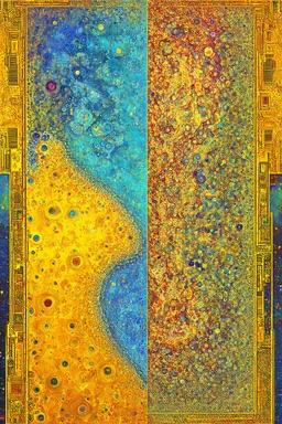 Cantor set fractal in split complementary pastels outlined with golden elements of Klimt